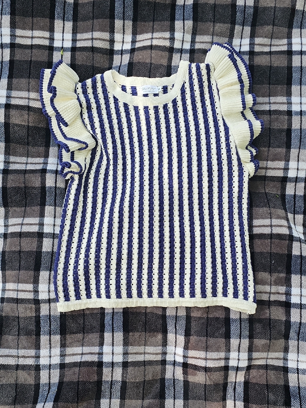 Striped Ruffle Sleeve Tank Top - Cream & Blue (B)